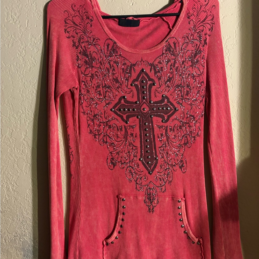 Women's Pink y2k Rhinestone Long Sleeve Top